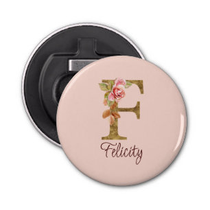 Custom Name Letter F Gold Foil Blush Pink Roses Bottle Opener