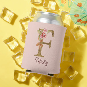 Custom Name Letter F Gold Foil Blush Pink Roses Can Cooler