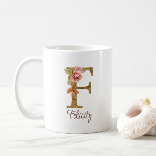 Custom Name Letter F Gold Foil Blush Pink Roses Coffee Mug