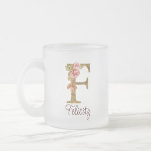 Custom Name Letter F Gold Foil Blush Pink Roses Frosted Glass Coffee Mug