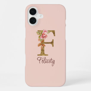 Custom Name Letter F Gold Foil Blush Pink Roses iPhone 16 Plus Case