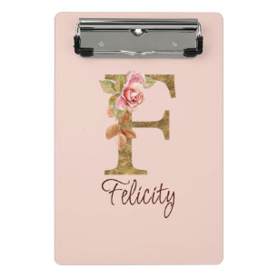 Custom Name Letter F Gold Foil Blush Pink Roses Mini Clipboard