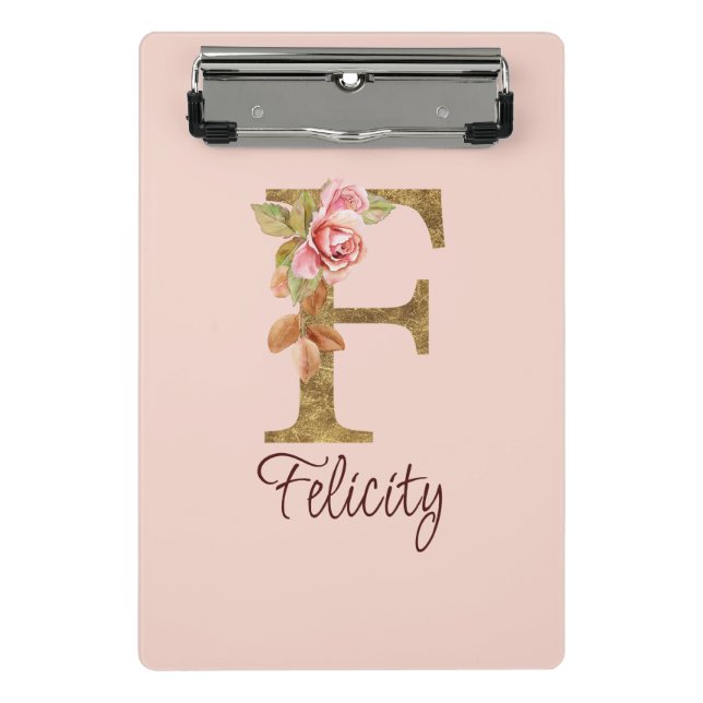 Custom Name Letter F Gold Foil Blush Pink Roses Mini Clipboard (Front)