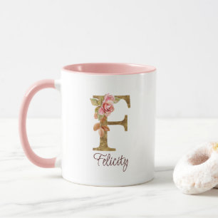 Custom Name Letter F Gold Foil Blush Pink Roses Mug