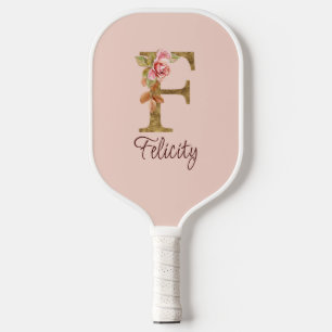 Custom Name Letter F Gold Foil Blush Pink Roses Pickleball Paddle