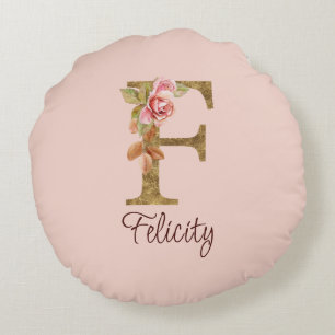 Custom Name Letter F Gold Foil Blush Pink Roses Round Cushion