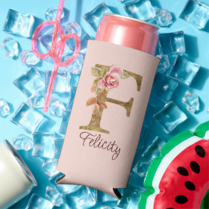 Custom Name Letter F Gold Foil Blush Pink Roses Seltzer Can Cooler