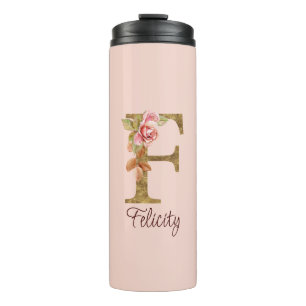 Custom Name Letter F Gold Foil Blush Pink Roses Thermal Tumbler