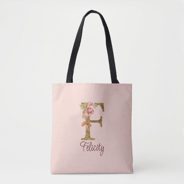 Custom Name Letter F Gold Foil Blush Pink Roses Tote Bag (Front)