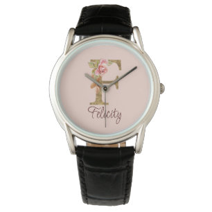 Custom Name Letter F Gold Foil Blush Pink Roses Watch