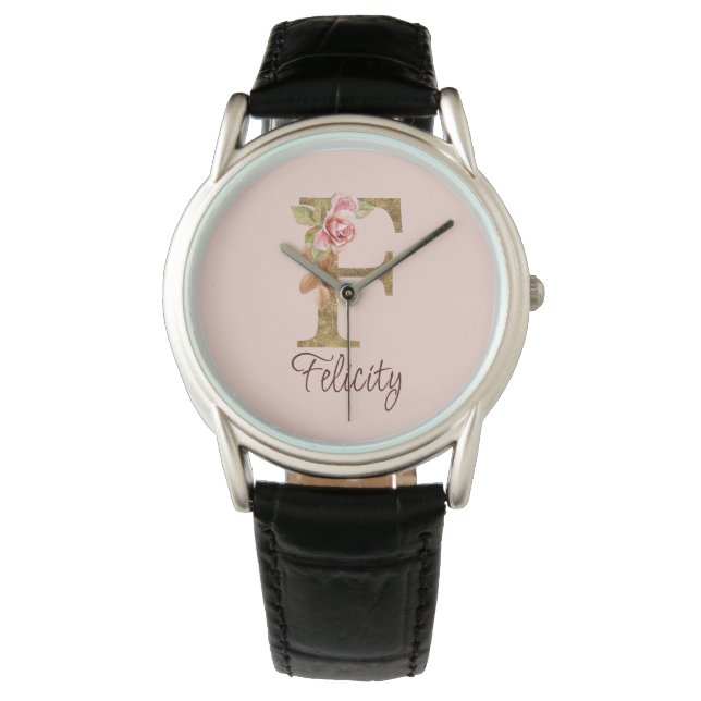 Custom Name Letter F Gold Foil Blush Pink Roses Watch (Front)