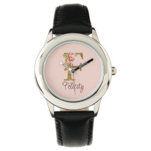 Custom Name Letter F Gold Foil Blush Pink Roses Watch