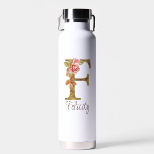 Custom Name Letter F Gold Foil Blush Pink Roses Water Bottle