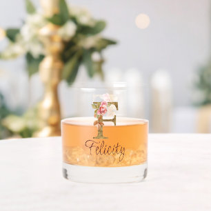 Custom Name Letter F Gold Foil Blush Pink Roses Whiskey Glass