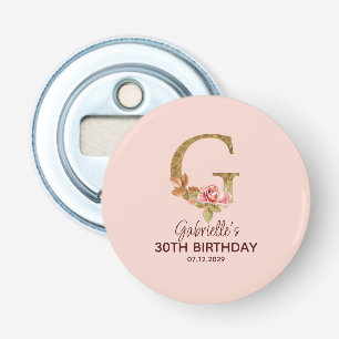 Custom Name Letter G Gold Blush Pink Roses Bottle Opener