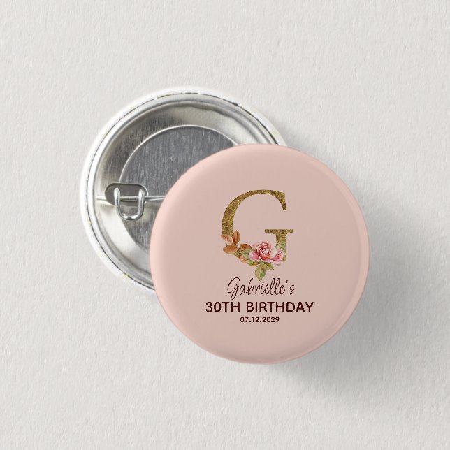Custom Name Letter G Gold Blush Pink Roses Button (Front & Back)