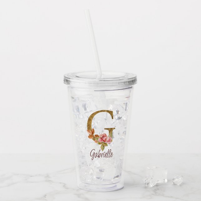 Custom Name Letter G Gold Foil Blush Pink Roses Acrylic Tumbler (Front Ice)
