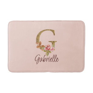 Custom Name Letter G Gold Foil Blush Pink Roses Bath Mat