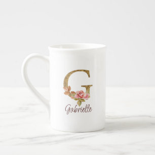 Custom Name Letter G Gold Foil Blush Pink Roses Bone China Mug