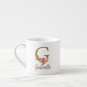 Custom Name Letter G Gold Foil Blush Pink Roses Espresso Cup