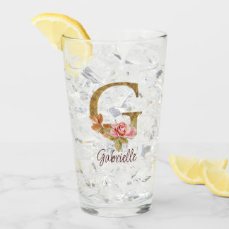 Custom Name Letter G Gold Foil Blush Pink Roses Glass