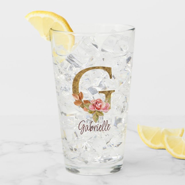 Custom Name Letter G Gold Foil Blush Pink Roses Glass (Front Ice)