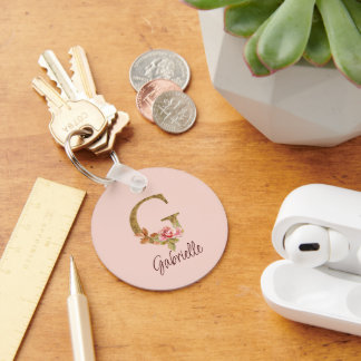 Custom Name Letter G Gold Foil Blush Pink Roses Key Ring