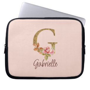 Custom Name Letter G Gold Foil Blush Pink Roses Laptop Sleeve