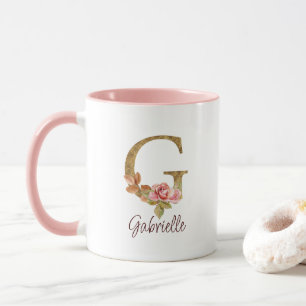 Custom Name Letter G Gold Foil Blush Pink Roses Mug
