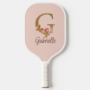 Custom Name Letter G Gold Foil Blush Pink Roses Pickleball Paddle