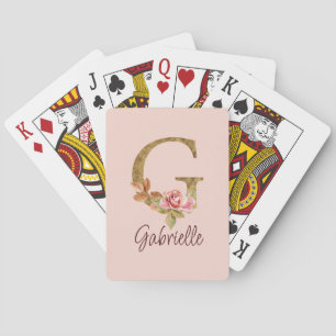 Custom Name Letter G Gold Foil Blush Pink Roses Playing Cards