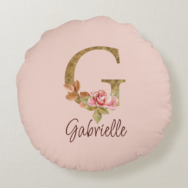 Custom Name Letter G Gold Foil Blush Pink Roses Round Cushion (Back)