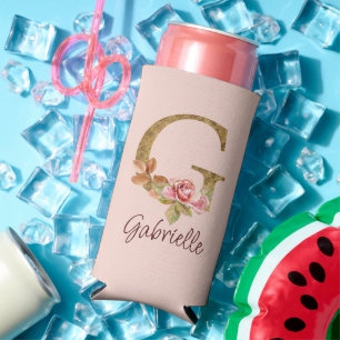 Custom Name Letter G Gold Foil Blush Pink Roses Seltzer Can Cooler