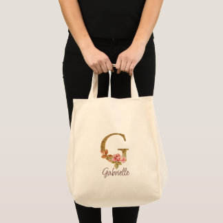 Custom Name Letter G Gold Foil Blush Pink Roses Tote Bag