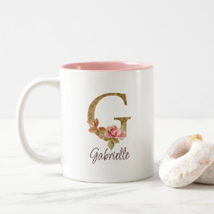 Custom Name Letter G Gold Foil Blush Pink Roses Two-Tone Coffee Mug