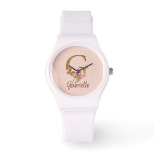Custom Name Letter G Gold Foil Blush Pink Roses Watch