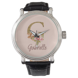 Custom Name Letter G Gold Foil Blush Pink Roses Watch