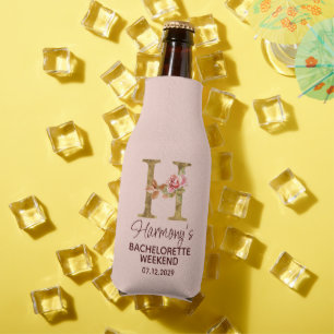Custom Name Letter H Gold Blush Pink Roses Bottle Cooler