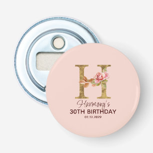 Custom Name Letter H Gold Blush Pink Roses Bottle Opener