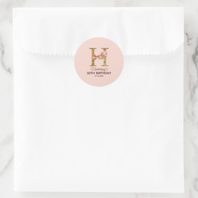 Custom Name Letter H Gold Blush Pink Roses Classic Round Sticker (Bag)