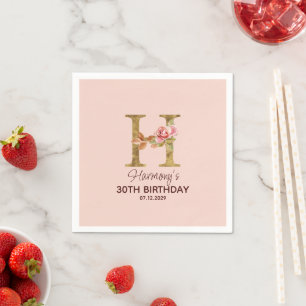 Custom Name Letter H Gold Blush Pink Roses Napkin