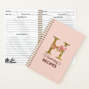 Custom Name Letter H Gold Blush Pink Roses Recipe Notebook