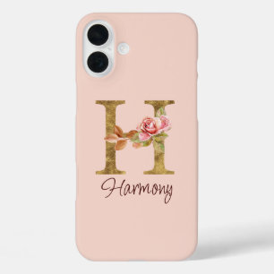 Custom Name Letter H Gold Foil Blush Pink Roses iPhone 16 Plus Case
