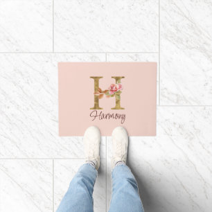 Custom Name Letter H Gold Foil Blush Pink Roses Doormat