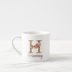 Custom Name Letter H Gold Foil Blush Pink Roses Espresso Cup