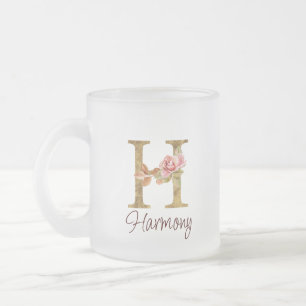 Custom Name Letter H Gold Foil Blush Pink Roses Frosted Glass Coffee Mug