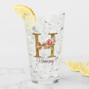 Custom Name Letter H Gold Foil Blush Pink Roses Glass