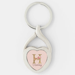 Custom Name Letter H Gold Foil Blush Pink Roses Key Ring