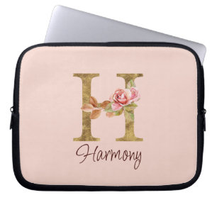 Custom Name Letter H Gold Foil Blush Pink Roses Laptop Sleeve