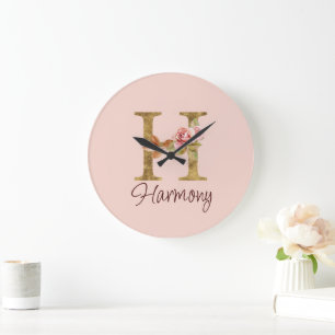 Custom Name Letter H Gold Foil Blush Pink Roses Large Clock